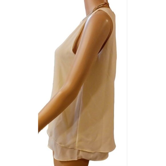 SAINT TROPEZ WEST-SMALL- Layered Chiffon Split Back Women's Sleeveless Beige Top - Picture 5 of 13
